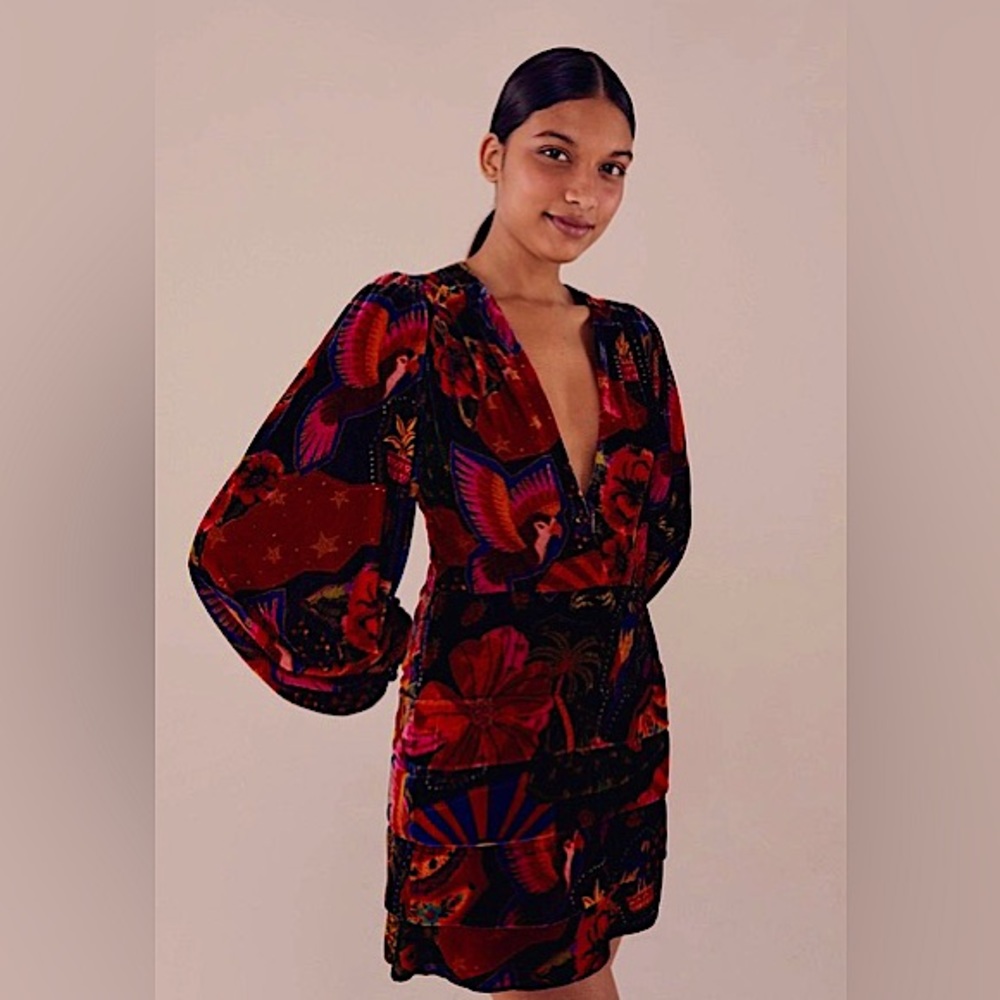 FARM RIO Crazy Mix Deep V Puff Sleeve Velvet Mini Dress